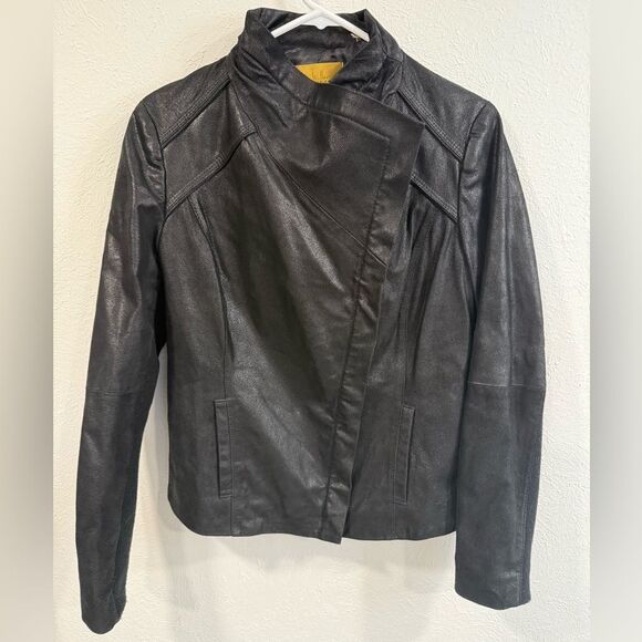 Nicole Miller Black Leather Jacket, Asymmetrical Zip, Size Small - Picture 1 of 6